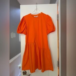 English Factory Bright Orange Puff Sleeve Tiered Dress